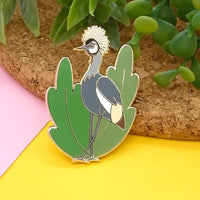Grey crowned crane hard enamel pin