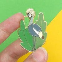 Grey crowned crane hard enamel pin