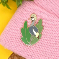 Grey crowned crane hard enamel pin