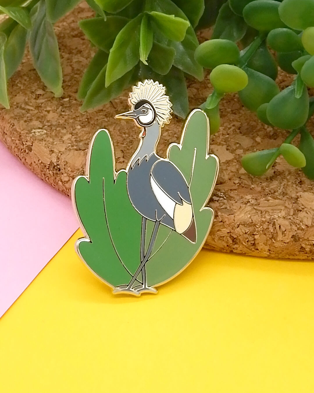 Grey crowned crane hard enamel pin